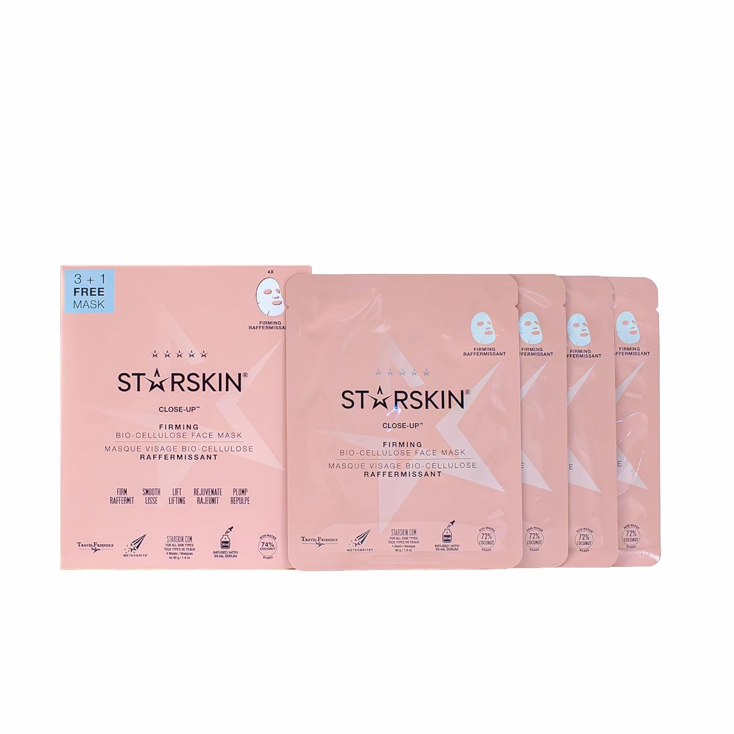 STARSKIN Close-Up 4x40g, Coconut Bio-Cellulose Firming Face Mask for all Skin Types, Face Lifting Korean Skincare Mask, Skin Elasticity Improvement and Rejuvenating Effect, K Beauty Skincare