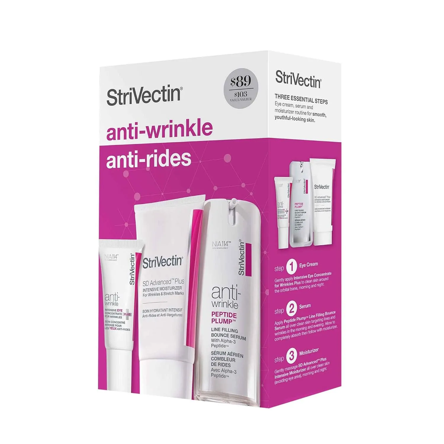 StriVectin Anti Wrinkle Trio Kit for Face and Eyes, 3 piece kit with SD Plus Moisturizer, Peptide Plump Line Face Serum, and Intensive Eye Concentrate Wrinkle Cream
