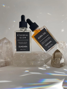 Sundara Anti Aging Night Set- Aura Oil and Ethereal Glow Skincare Duo, Tightning Serum & Anti Aging Oil- Sea Buckthorn, Bakuchiol, Niacinamide & Retinol