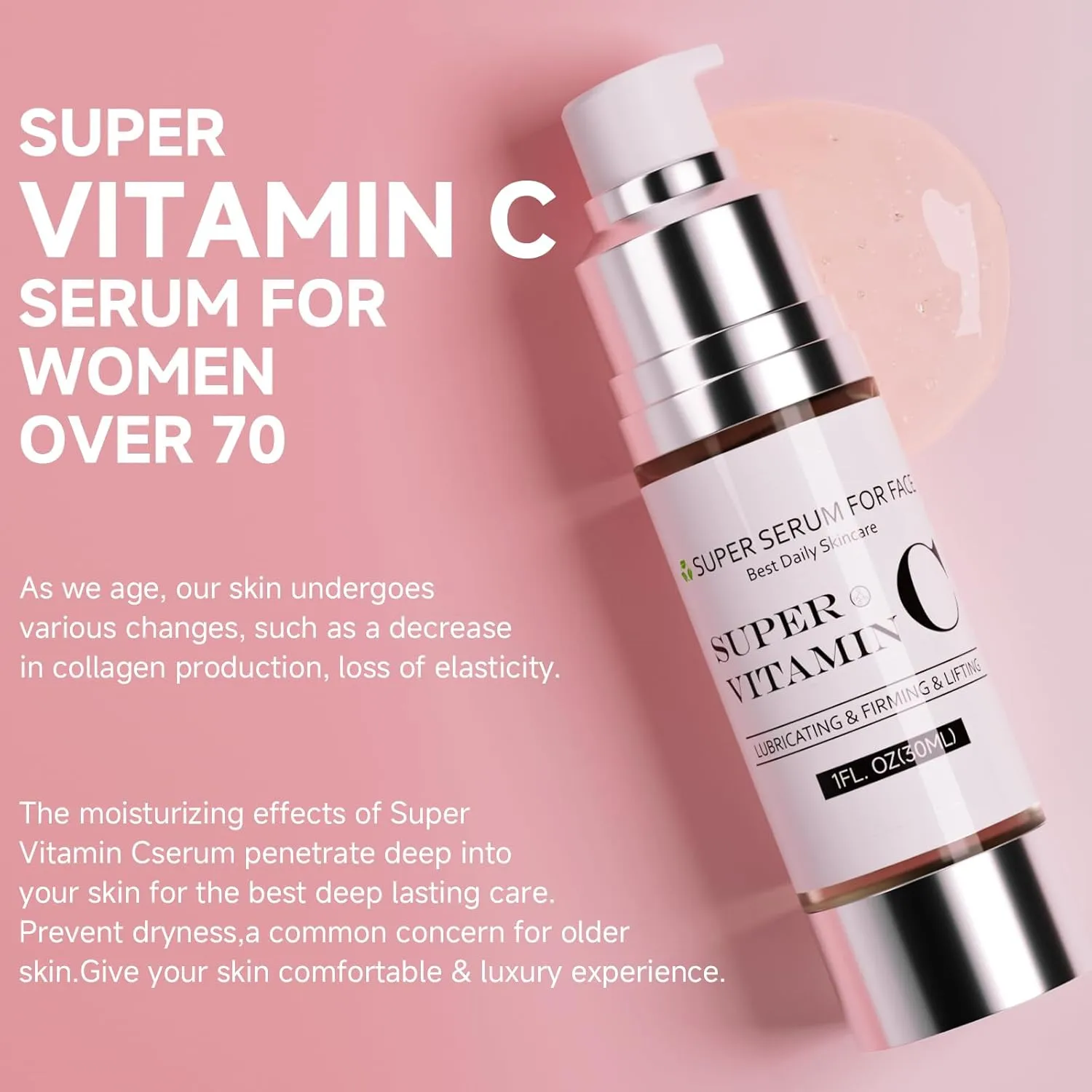 Super Vitamin C Serum for Women Over 70, All-In-One Hydrating Vitamin C Face Serum, Age Defying Smooths Fine Lines, 1 FLOZ
