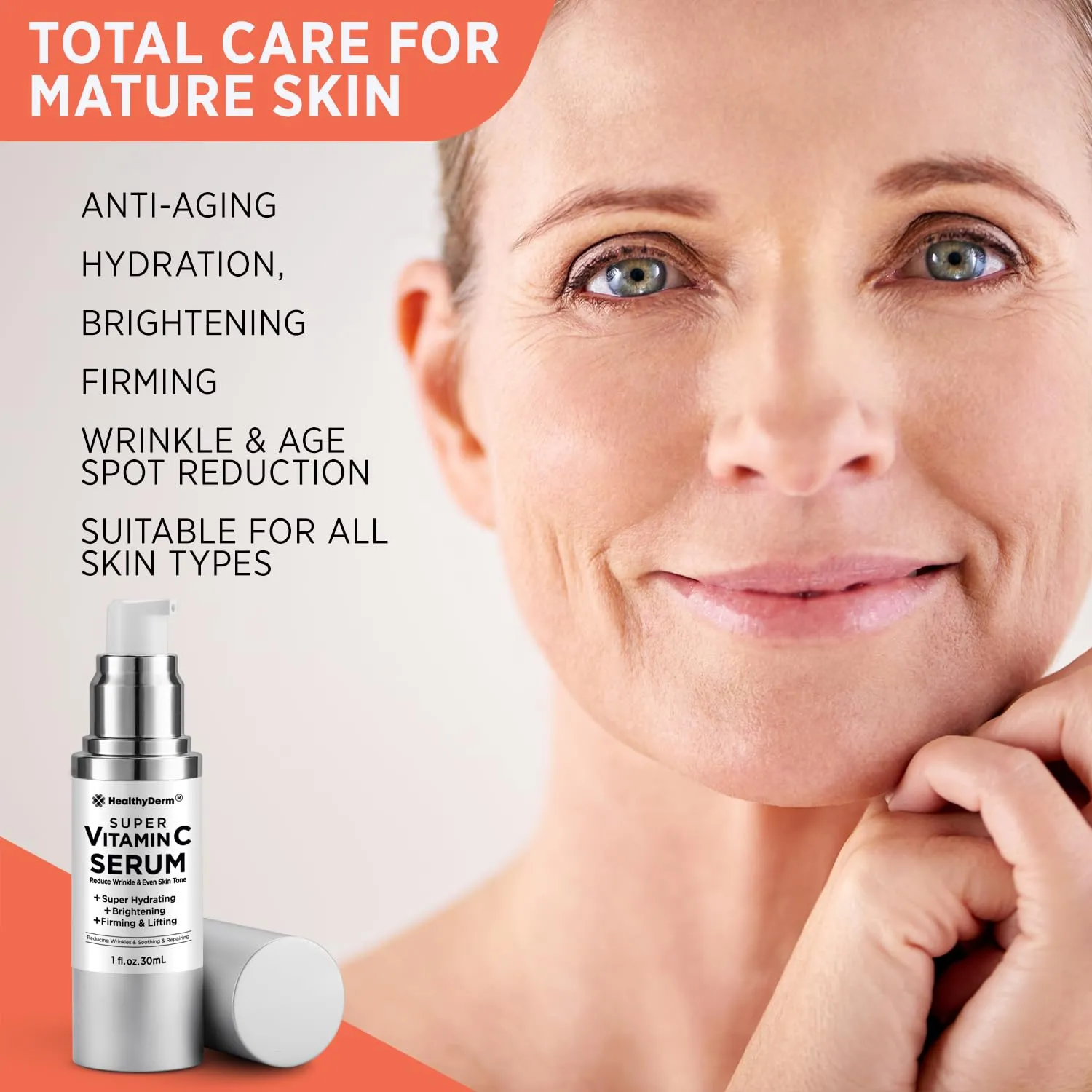 Super Vitamin C Serum for Women Over 70: Vitamin C, Hyaluronic Acid, Vitamin E, Caffeine, Hydrating, Lifting, Face Wrinkle & Age Spots Reduction