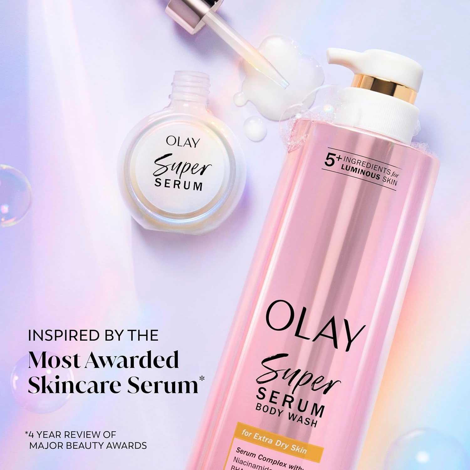 Super Serum Body Wash for Extra Dry Skin, 24Hr Long Lasting Hydration, 5  Ingredient Serum Complex for Bright Even Firm Luminous Skin, 18.5 Fl Oz
