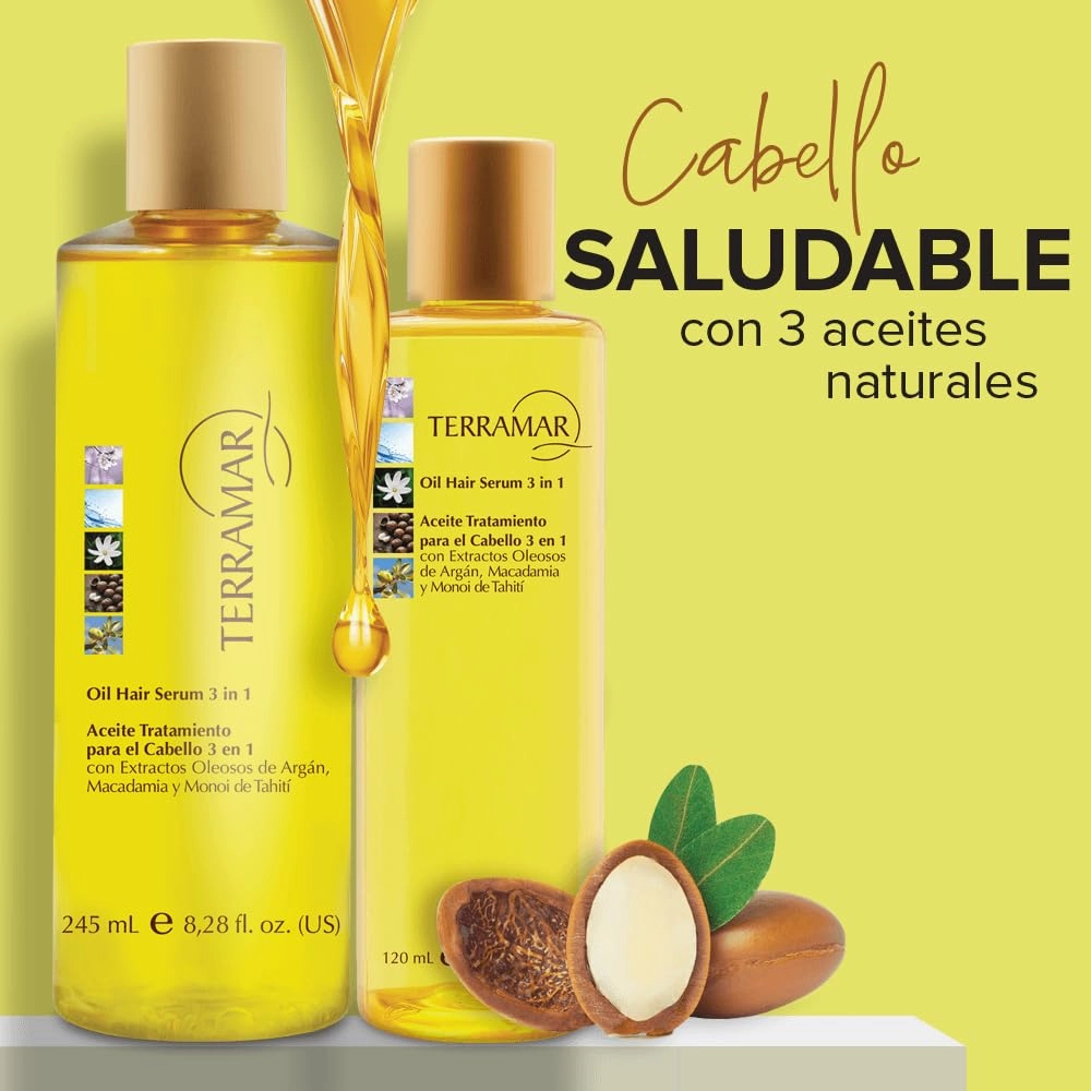 Terramar 3-in-1 Hair Oil with Argan, Macadamia, and Monoi Extracts, Smoothing and Hydrating Serum (Medium - 4.06 Fl Oz)
