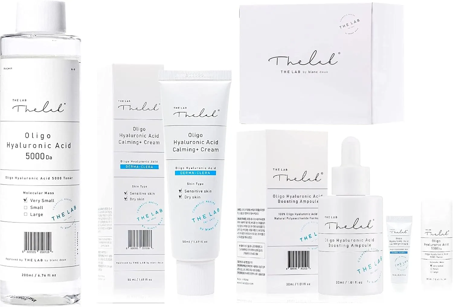 THE LAB BY BLANC DOUX Oligo Hyaluronic Acid 5000 Toner - 6.76 fl.oz. with Cotton Pads   Oligo Hyaluronic Acid Calming Cream 1.69 fl.oz. - Vegan Certified   Deep Hydrating Essence Ampoule