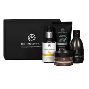 The Man Company Face in Point Facial Kit with Vitamin C Serum, Charcoal Face Wash & Face Scrub, daily Moisturizing Cream | Soft & Supple Skin | Gift Set for Him