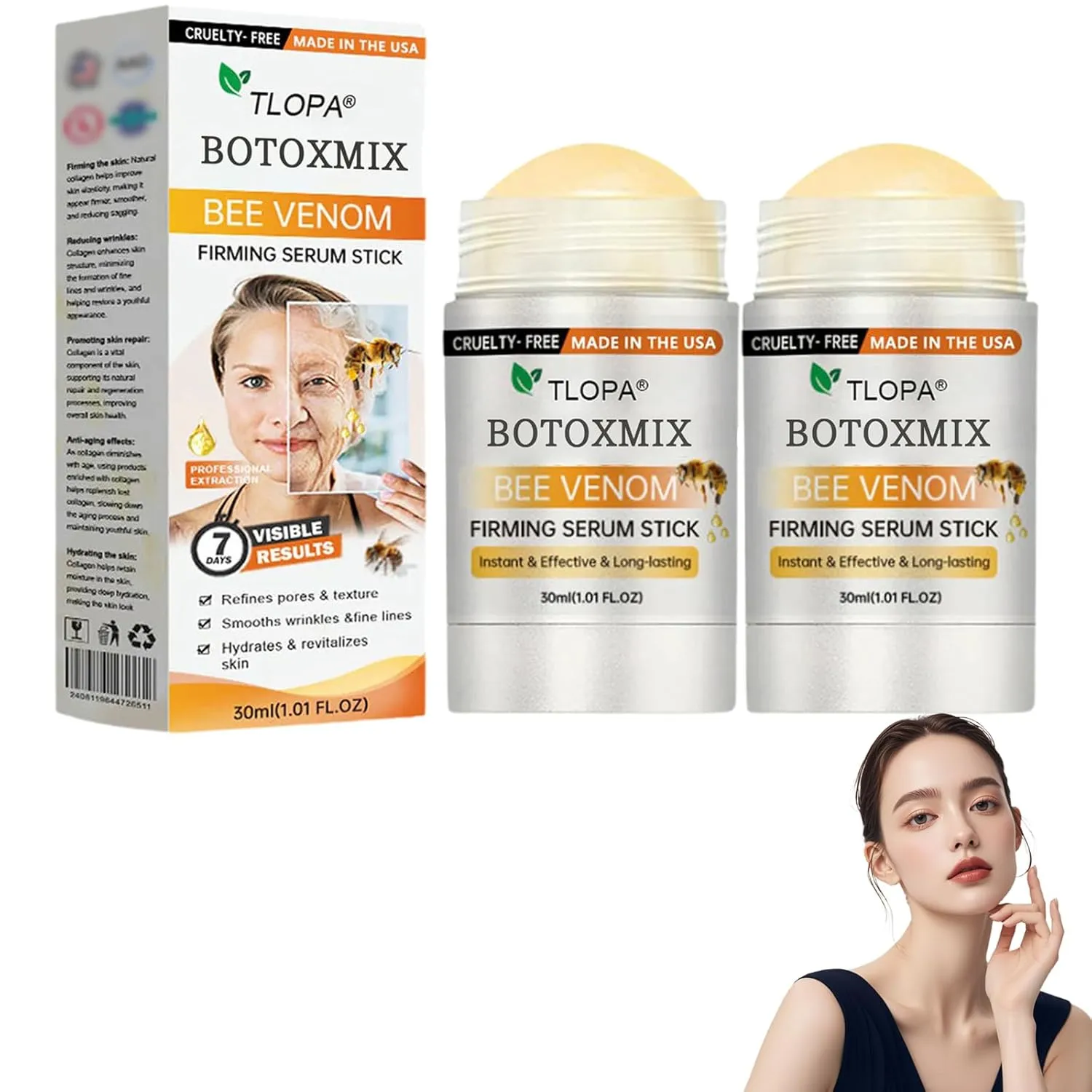 TOLOPA Botox Bee Venom Firming Serum Stick, Advanced Firming & Wrinkle-Reducing Cream, Anti-Wrinkle Firming Serum Stick, Moisturizing, Lifts, Plumps and Firms Skin for All Skin Types (2 Bottle）