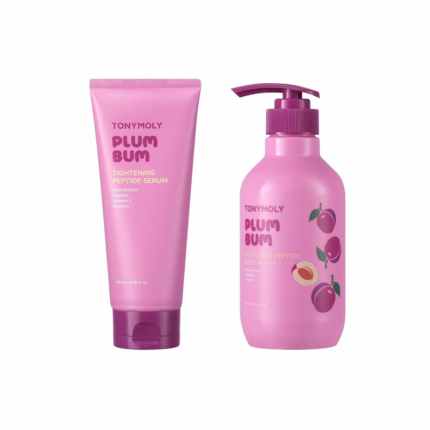 TONYMOLY Plum Bum Body Care Set - 13.5 fl oz Peptide Hydrating Body Wash & 6.76 fl oz Tightening Peptide Serum with Vitamin C