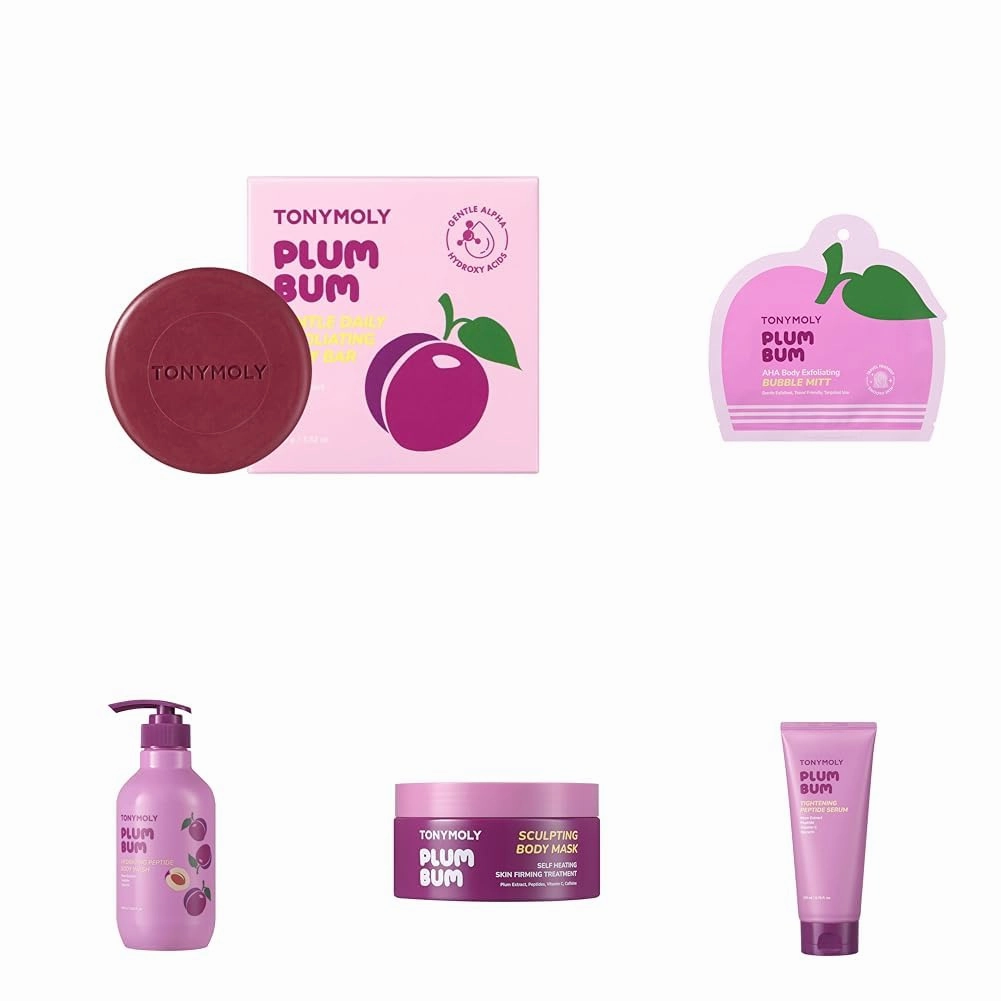 TONYMOLY Plum Bum Body Care Set - AHA Exfoliating Bar, 1.2 oz Bubble Mitt, 6.76 fl oz Peptide Serum, Self-Heating Sculpting Mask & 13.5 fl oz Body Wash