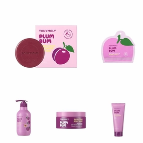 TONYMOLY Plum Bum Body Care Set - AHA Exfoliating Bar, 1.2 oz Bubble Mitt, 6.76 fl oz Peptide Serum, Self-Heating Sculpting Mask & 13.5 fl oz Body Wash