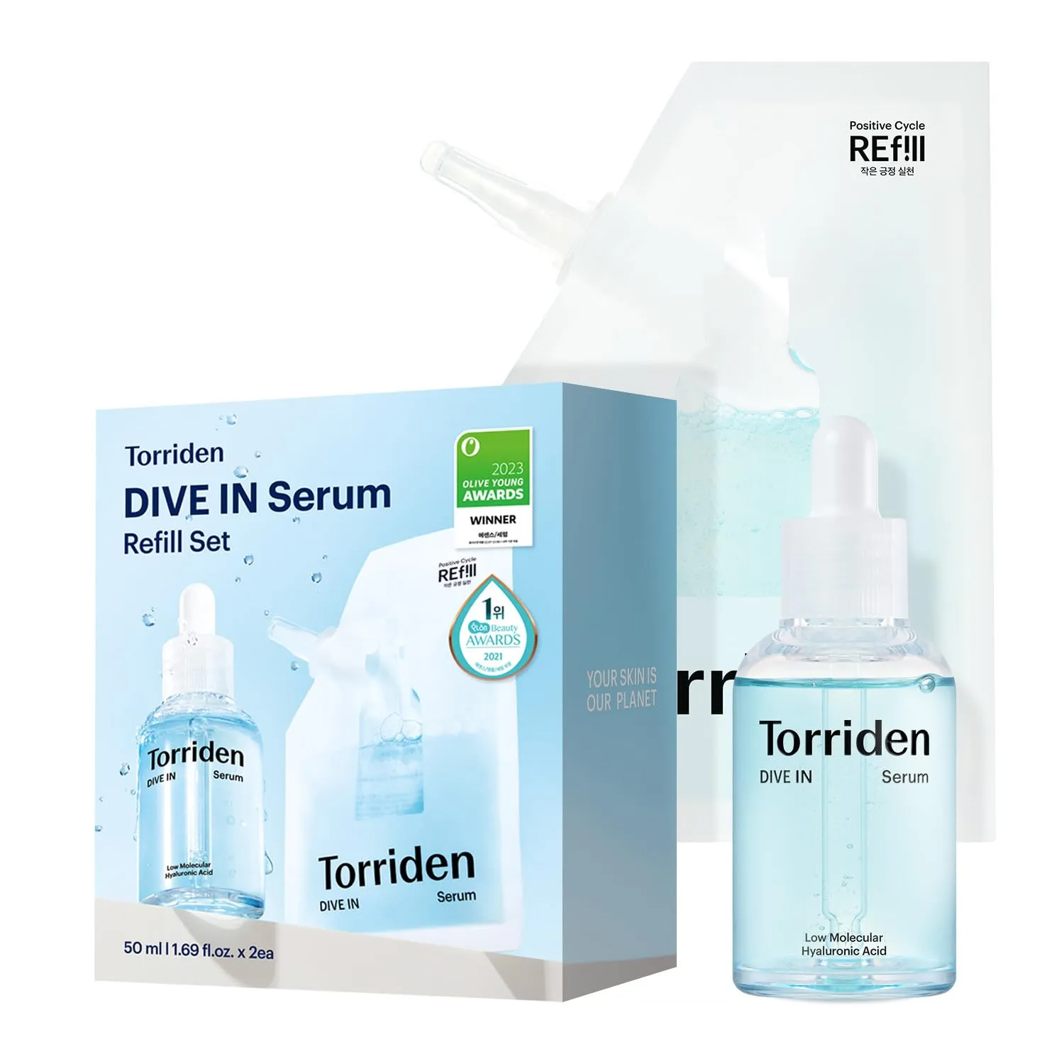Torriden DIVE IN Serum 1.69 fl oz   refill pouch 1.69 fl oz | Deep Hydration to Get Glow Skin | Hyaluronic Acid, Panthenol, Allantoin | Korean Facial Serum