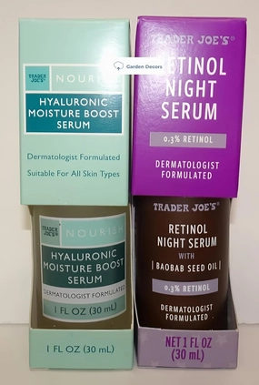 Trader Joe’s Nourish Hyaluronic Moisture Boost Serum & Retinol Night Serum with Baobab Seed Oil 1fl oz 30ml (Two Bottles)