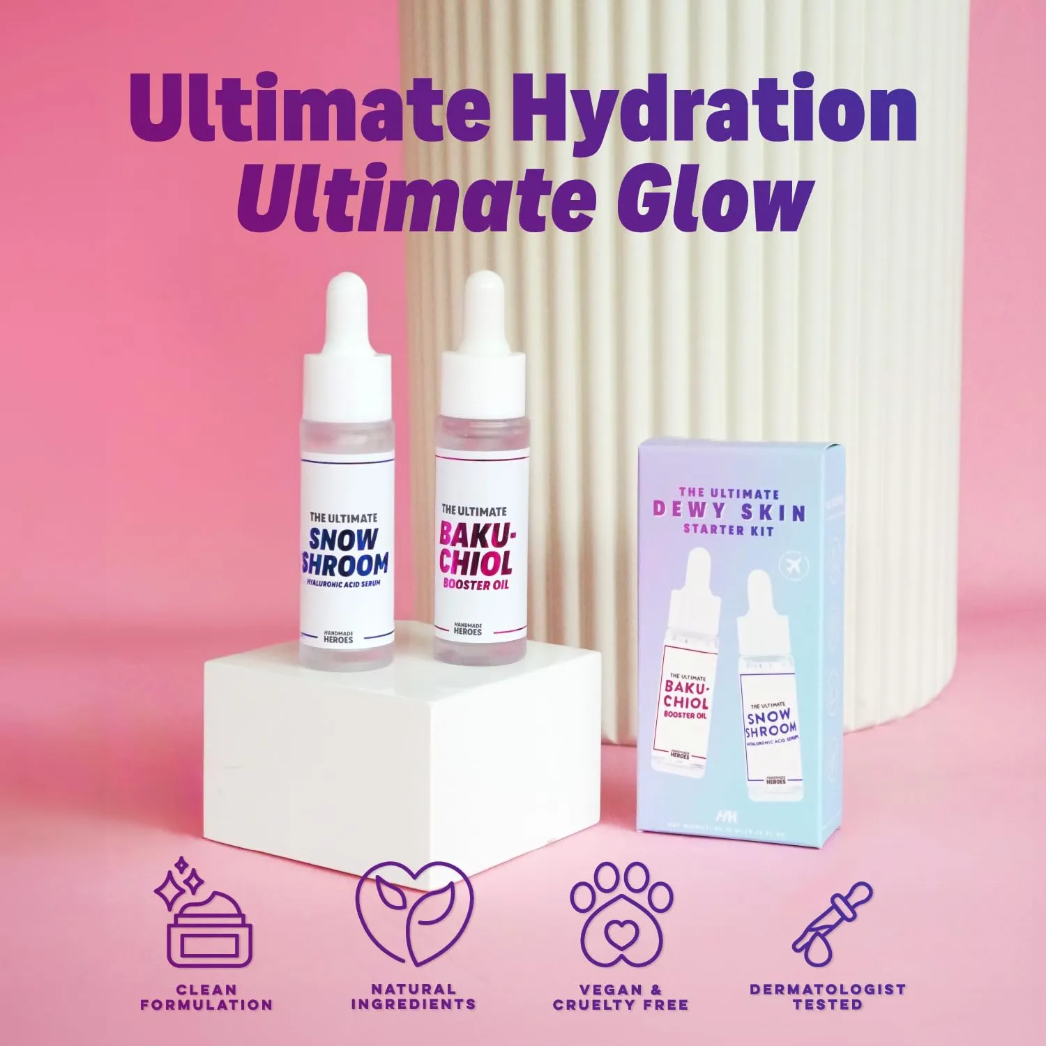Travel size 2% Bakuchiol Oil and Hyaluronic Acid Serum by Handmade Heroes with Sugarcane Squalane, All Natural Retinol Alternative For Radiant and Line Smoothing Travel Set for Dewy Skin
