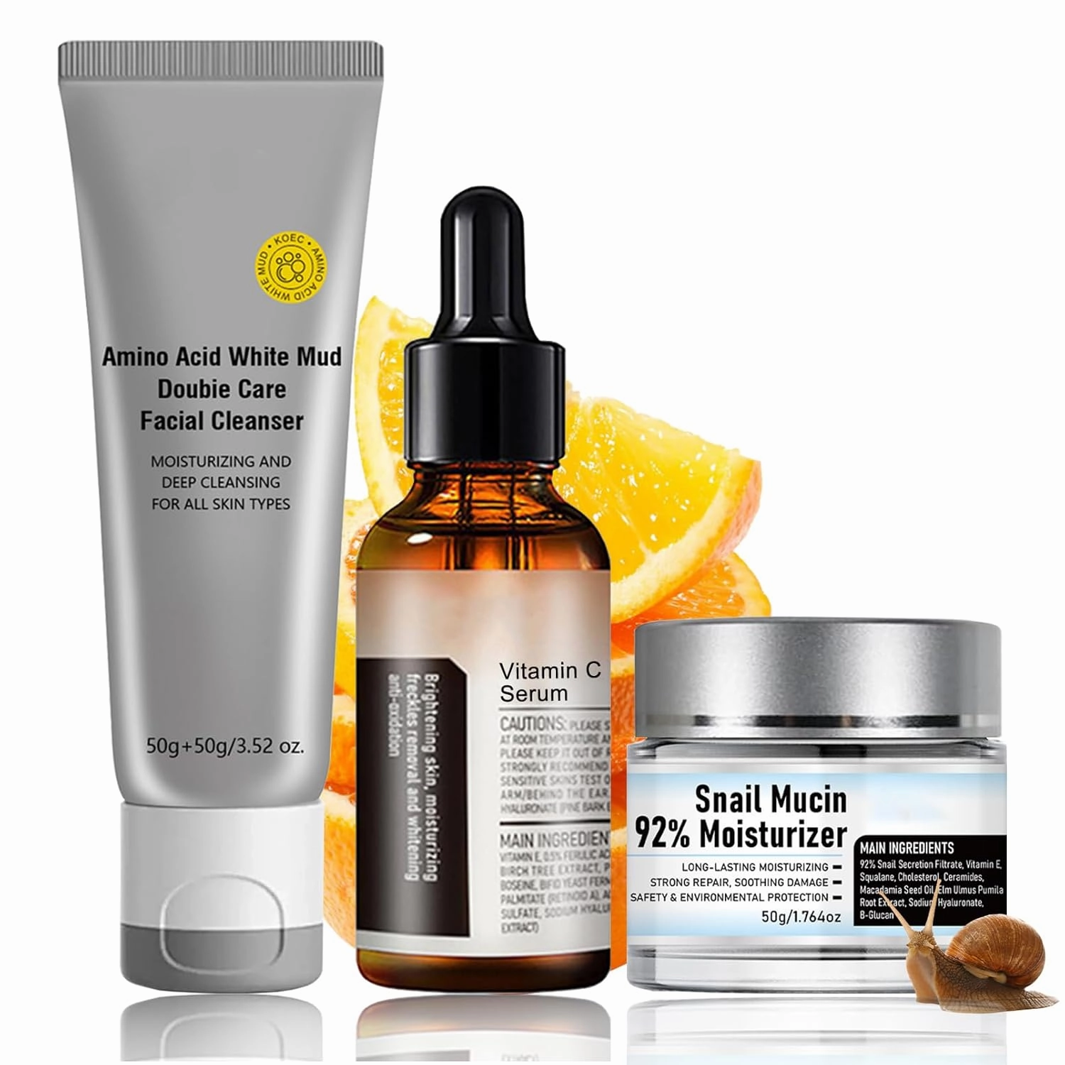 Travel Size Korean Skincare Set, Korean Skin Care Set with Vitamin C Facial Serum, Snail Mucin 92% Moisturizer, Amino Acid White Mud Cleanser, Facial Kit for Women/Teen Hydrating & Plump Skin - 3Pcs