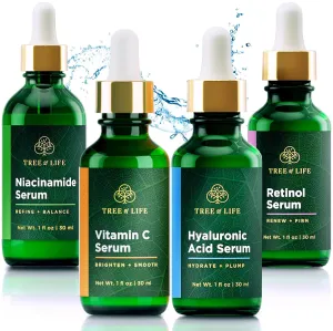Tree of Life Beauty Facial Skin Care Set, Brightening, Firming, Hydrating, Dry Face, Dermatologist Tested - Niacinamide   Vitamin C   Retinol   Hyaluronic Acid Serum - 4 count of 1 Fl Oz