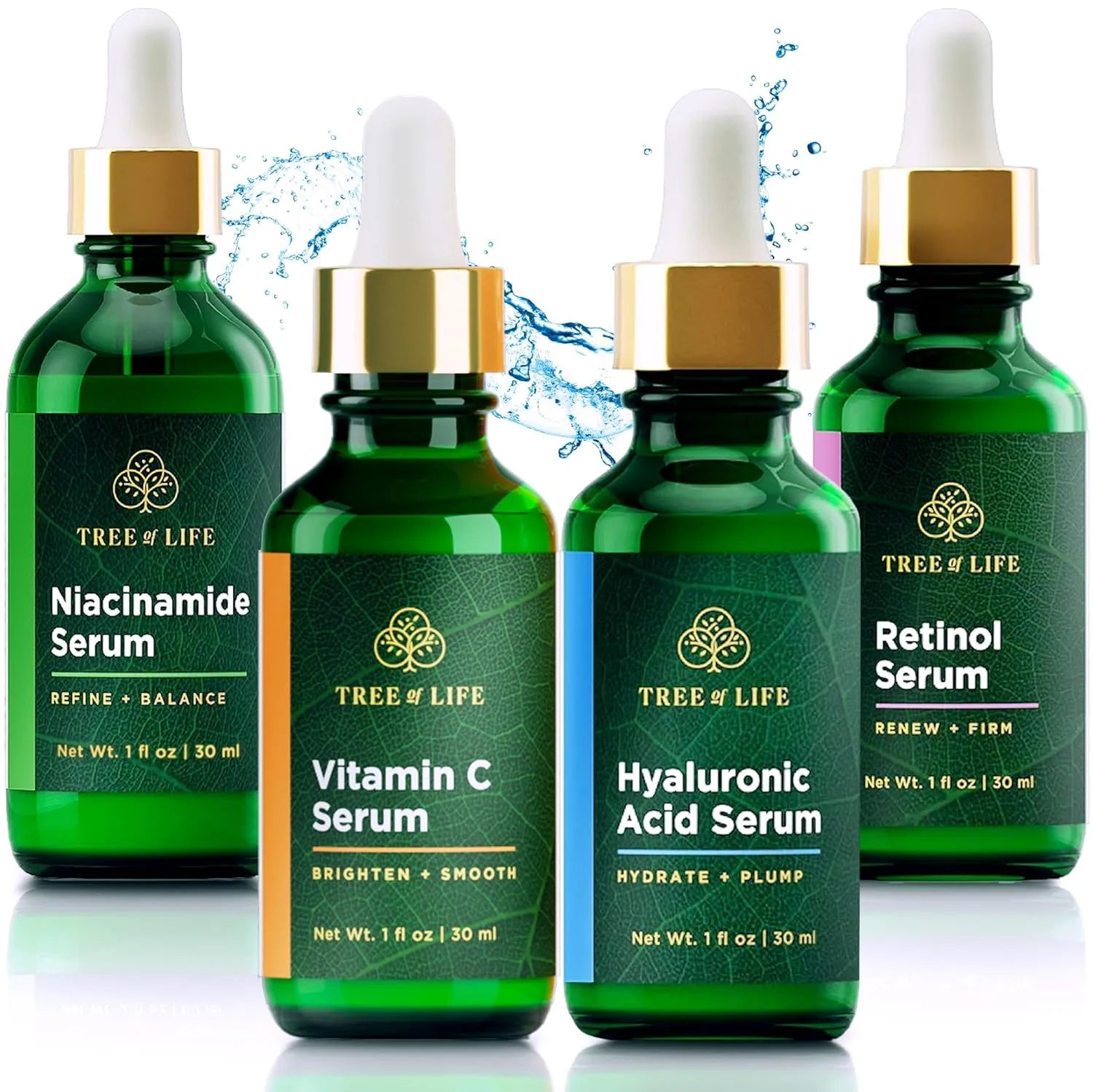 Tree of Life Beauty Facial Skin Care Set, Brightening, Firming, Hydrating, Dry Face, Dermatologist Tested - Niacinamide   Vitamin C   Retinol   Hyaluronic Acid Serum - 4 count of 1 Fl Oz