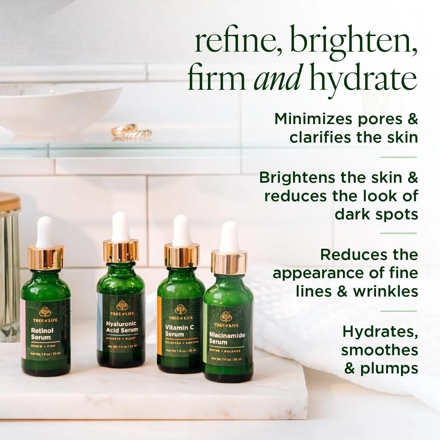 Tree of Life Beauty Facial Skin Care Set, Brightening, Firming, Hydrating, Dry Face, Dermatologist Tested - Niacinamide   Vitamin C   Retinol   Hyaluronic Acid Serum - 4 count of 1 Fl Oz