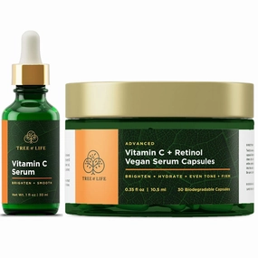 Tree of Life Beauty Vitamin C Facial Serum for Dry and Sensitive Skin (1 Fl Oz) and Vitamin C and Retinol Serum Capsules (0.35 Fl Oz, 30 Capsules) - Powerful, Hydration & Anti-Aging Formula