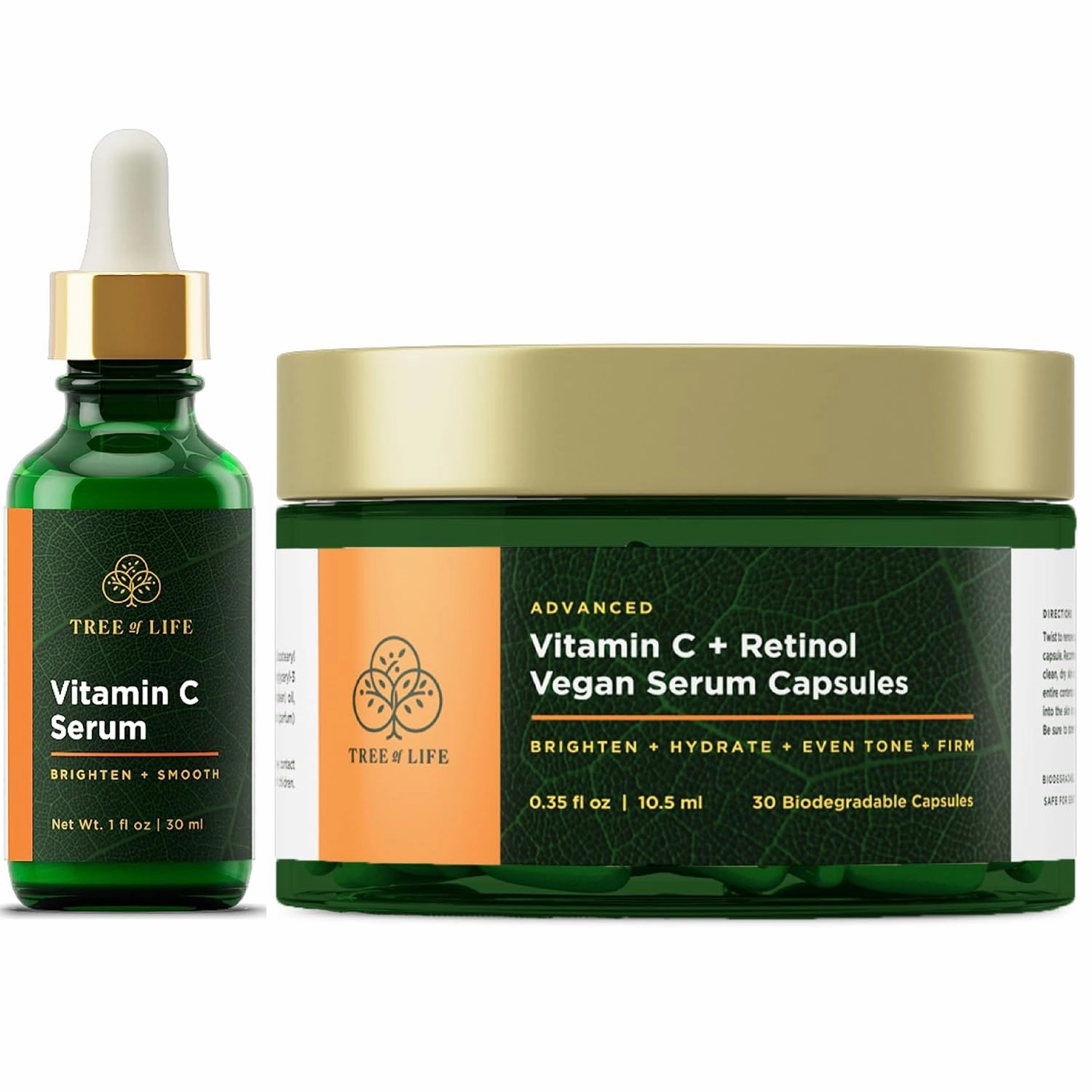 Tree of Life Beauty Vitamin C Facial Serum for Dry and Sensitive Skin (1 Fl Oz) and Vitamin C and Retinol Serum Capsules (0.35 Fl Oz, 30 Capsules) - Powerful, Hydration & Anti-Aging Formula