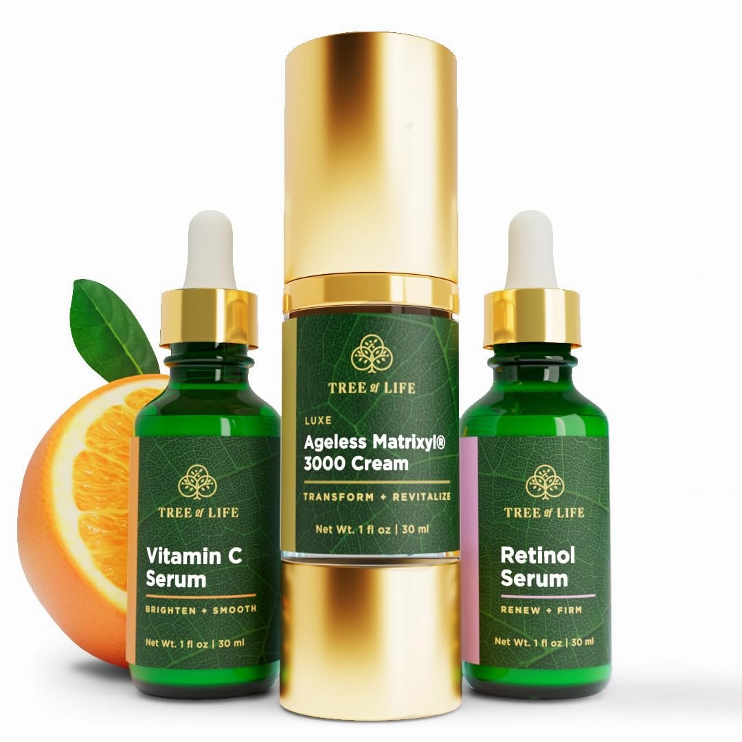 Tree of Life Rejuvenation Pack with Vitamin C Serum   Retinol Serum   Luxe Ageless Matrixyl® 3000 Cream, Tighten and Lift Trio, 3 count x 1oz