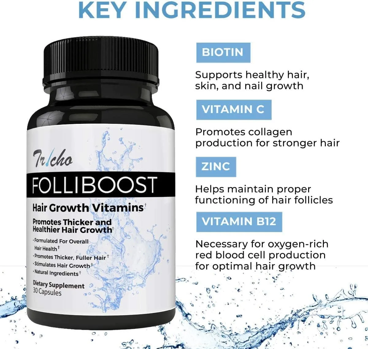 Tricho Hair Growth Vitamins - Biotin, Vitamin C, Zinc & Vitamin B12 - Hair Care Capsules for Thicker, Fuller & Healthier Hair - 6 Pack