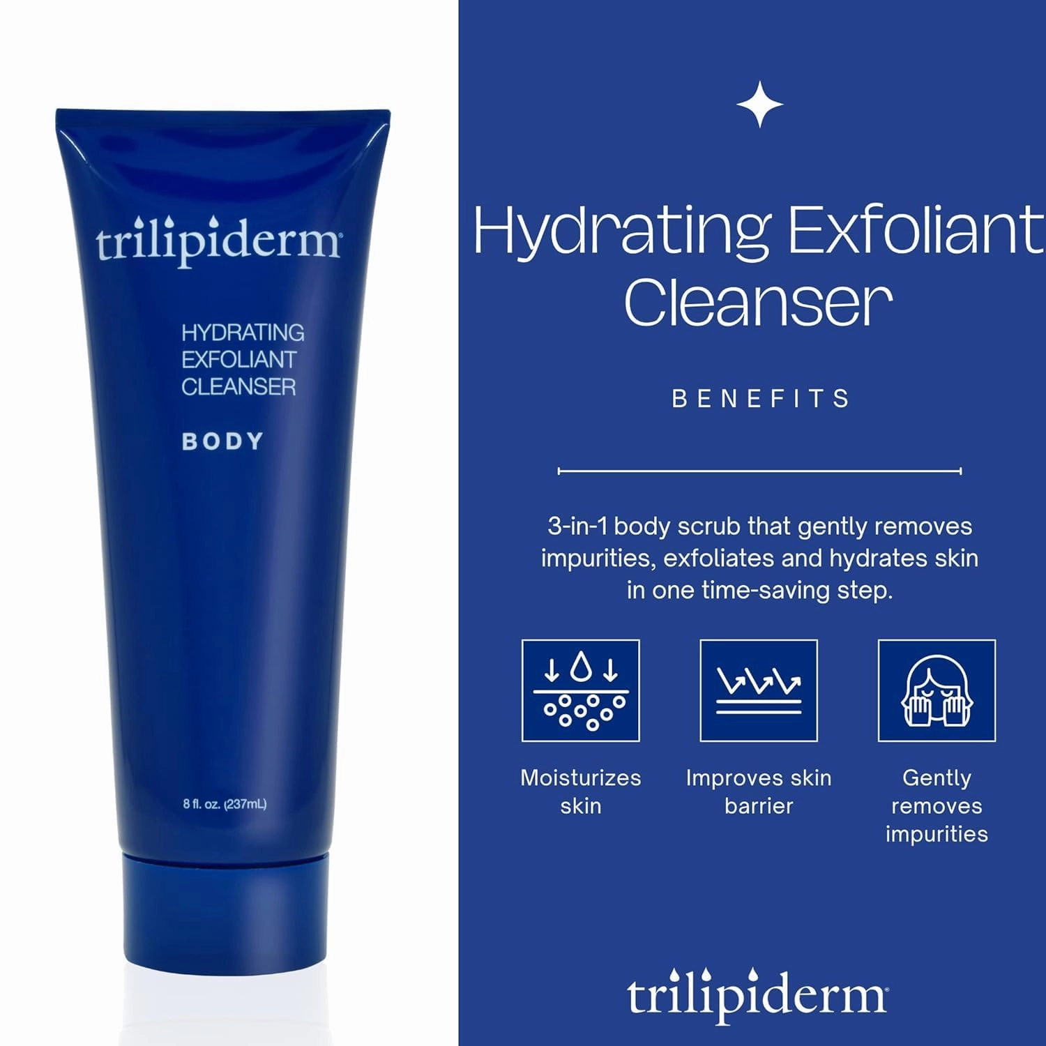 Trilipiderm Hydrating Exfoliant Cleanser – BODY, Antioxidant-Rich 3-in-1 Body Wash, Scrub and Hydrator, 3 Ounce Tube
