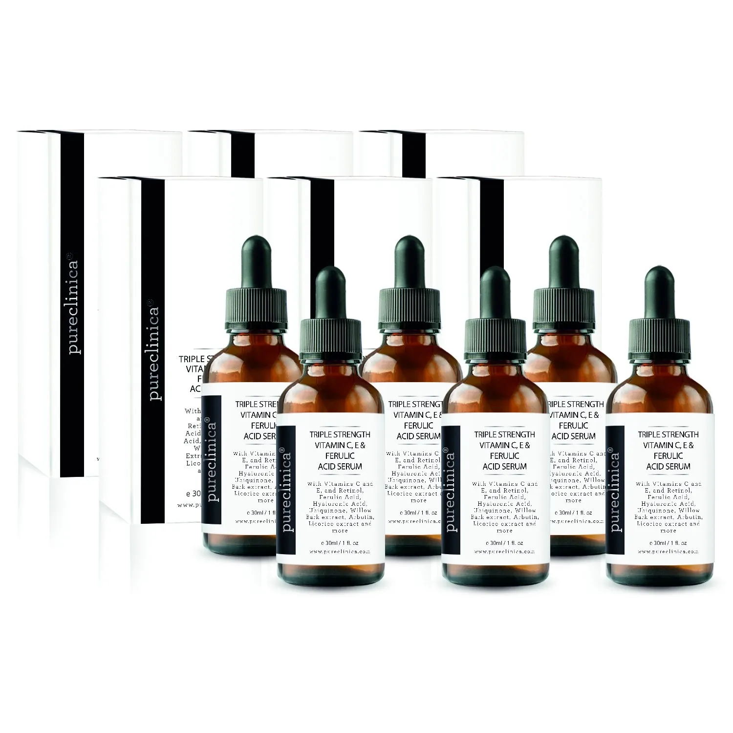 Triple Strength Vitamin C, E & Ferulic Acid Serum (w/Retinol & Double Weight Hyaluronic Acid) – 30ml / 1 fl oz (6 bottles)