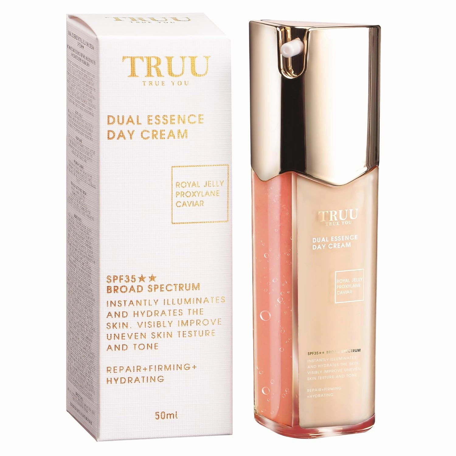 TRUU Dual Essence Royal Jelly Day Cream SPF35 – Hydrating and Firming with Royal Jelly, Proxylane, & Caviar – Anti-Aging, Moisturizing, UV Protection | 1.7 Fl. Oz