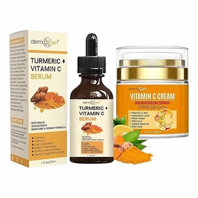 Turmeric Face Serum with Vitamin C Cream Bundle – Organic Moisturizer for Acne, Clear Skin Tone, Anti-Aging, Hydrate Dry & Dull Skin – 1 FL OZ Facial Serum for Youthful Glow"
