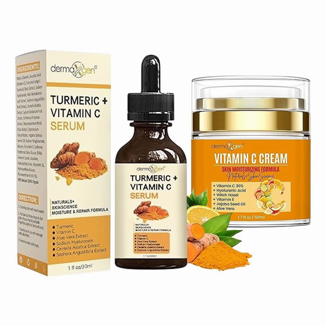 Turmeric Face Serum with Vitamin C Cream Bundle – Organic Moisturizer for Acne, Clear Skin Tone, Anti-Aging, Hydrate Dry & Dull Skin – 1 FL OZ Facial Serum for Youthful Glow"