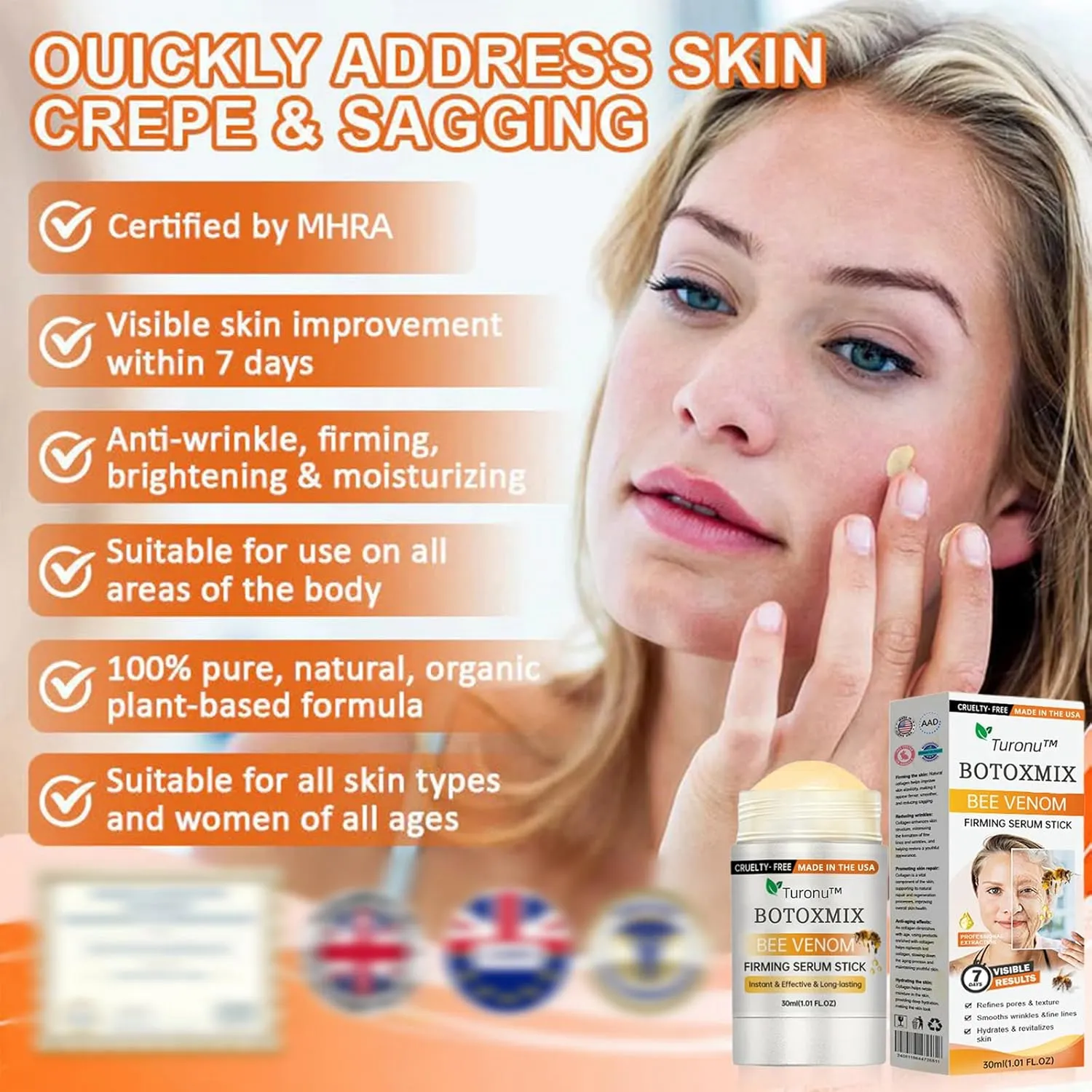 Turonu Botox Bee Venom Firming Serum Stick, Advanced Firming & Wrinkle-Reducing Cream, Skin Firming Cream For Body, Lifts, Plumps and Firms Skin, Natural Bee Venom Serum for All Skin Types (2 Pack)