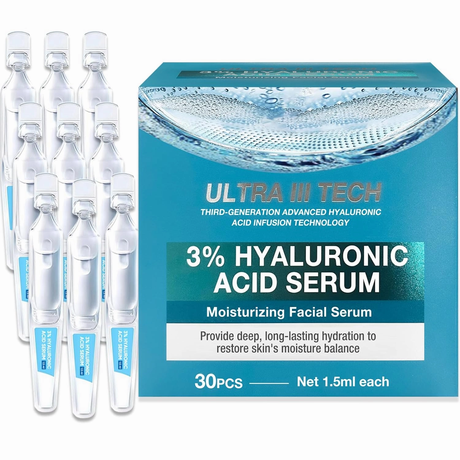 Ultra Hydrating Serum, 3% Hyaluronic Acid for Deep Moisture & Radiant Skin, Hyaluronic Acid   Niacinamide Formula, Non-Greasy, Fast-Absorbing Solution, 1.2ml*30