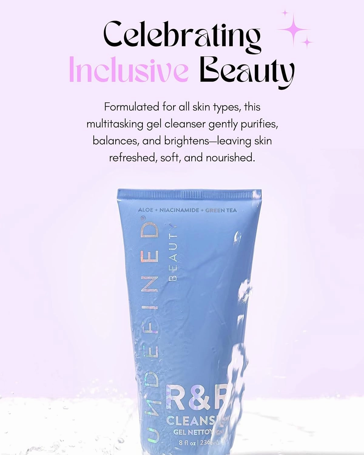 Undefined Beauty R&R Cleanser 8oz – Balancing Gel Cleanser with Niacinamide, Centella, Green Tea & Tremella Mushroom