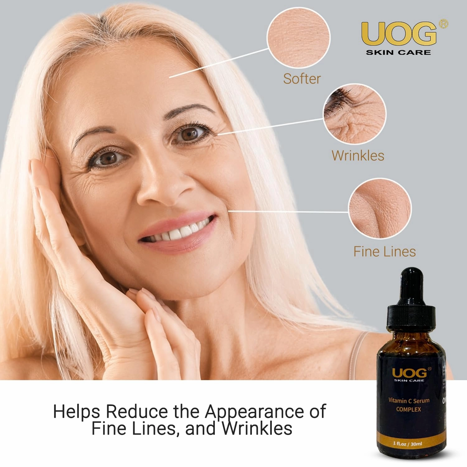 UOG Super Vitamin C Face Serum - Anti-Aging, Hydrating & Firming Formula, Lifts & Firms Face, Neck, Jawline, Reduces Dark Spots, Age Spots, Fine Lines, Wrinkles, Even Skin Tone.1 Fl Oz