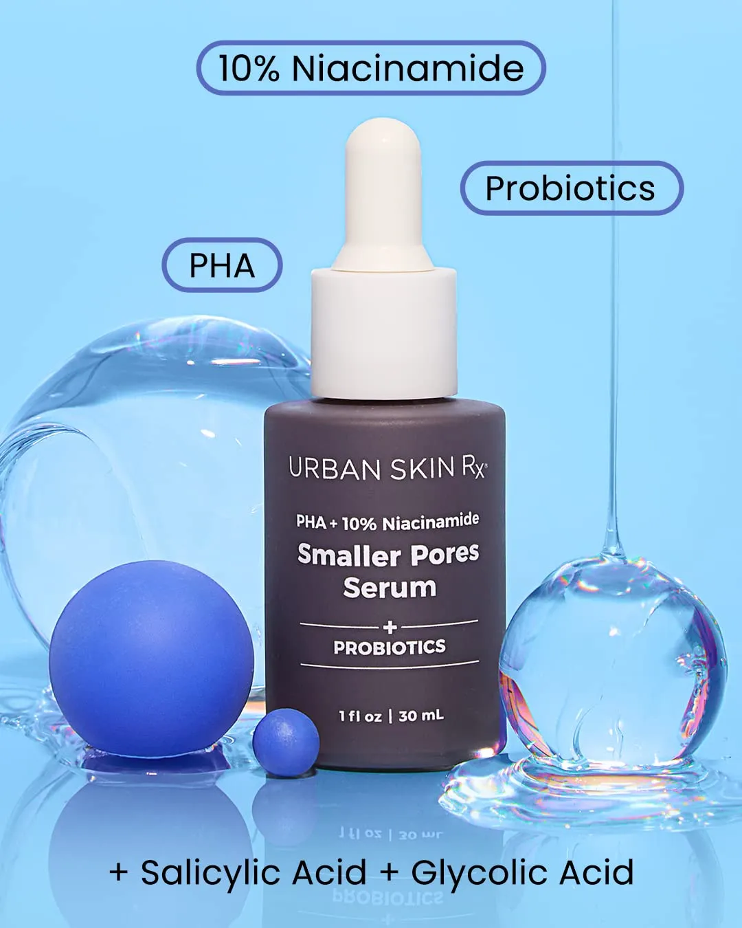 Urban Skin Rx®, PHA   10% Niacinamide Smaller Pores Serum, Tightens Pores for Clear, Brighter & Smoother Skin, Exfoliates, Decongests, and Controls Excess Oil, 1 Fl Oz.