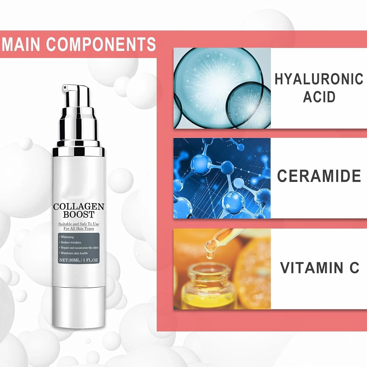 Verticalox Collagen Firming Serum, Verticalox Collagen Boost, For Reduce Fine Lines, Wrinkles, Plump Skin, For Women, Collagen Booster for Face