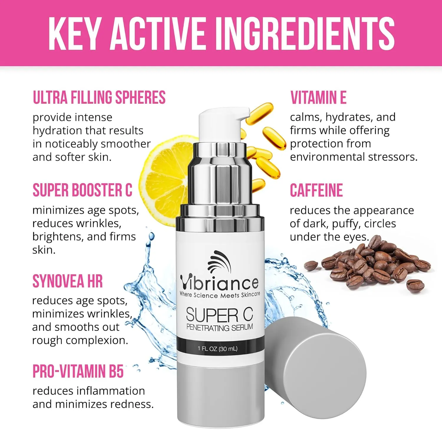 Vibriance Super C Serum for Mature Skin - All-in-One Vitamin Formula Hydrates, Firms, Lifts, Smooths, Targets Age Spots, Wrinkles, 1 fl oz