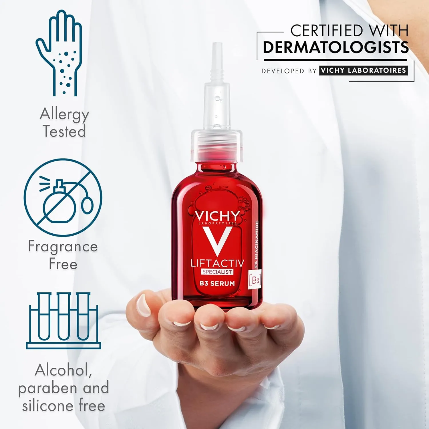 Vichy LiftActiv B3 Serum 5% Niacinamide   Glycolic Acid   Tranexamic Acid   Peptides, Fades Dark Spots & Smooths Wrinkles In 8 Weeks, Discoloration Correcting Serum, Alcohol Free