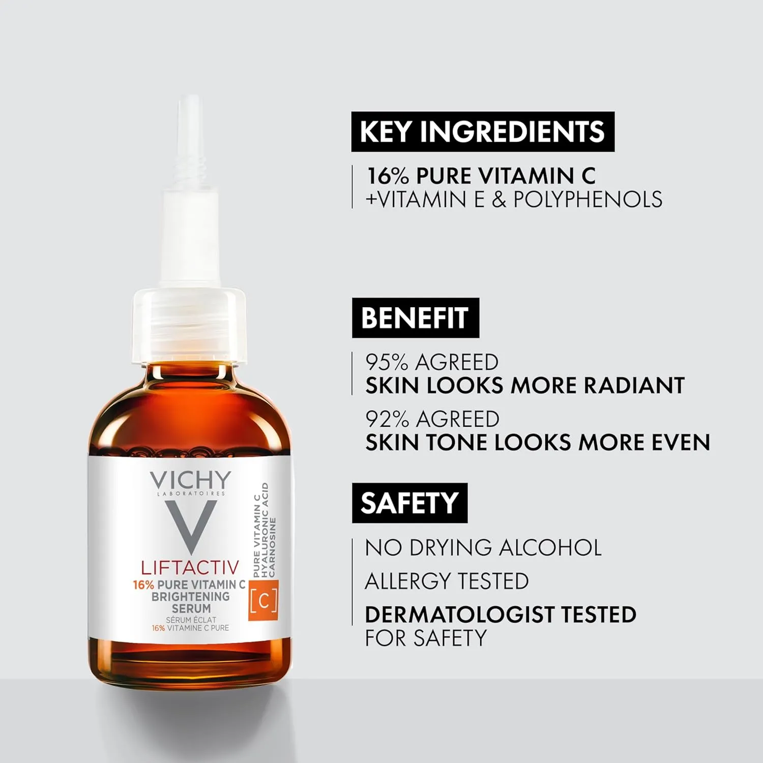 Vichy LiftActiv Vitamin C Serum For Face, Brightening Serum With Pure Vitamin C   Hyaluronic Acid   Vitamin E, Reduces Fine Lines, Smooths Skin Texture, Improves Radiance, Anti Aging