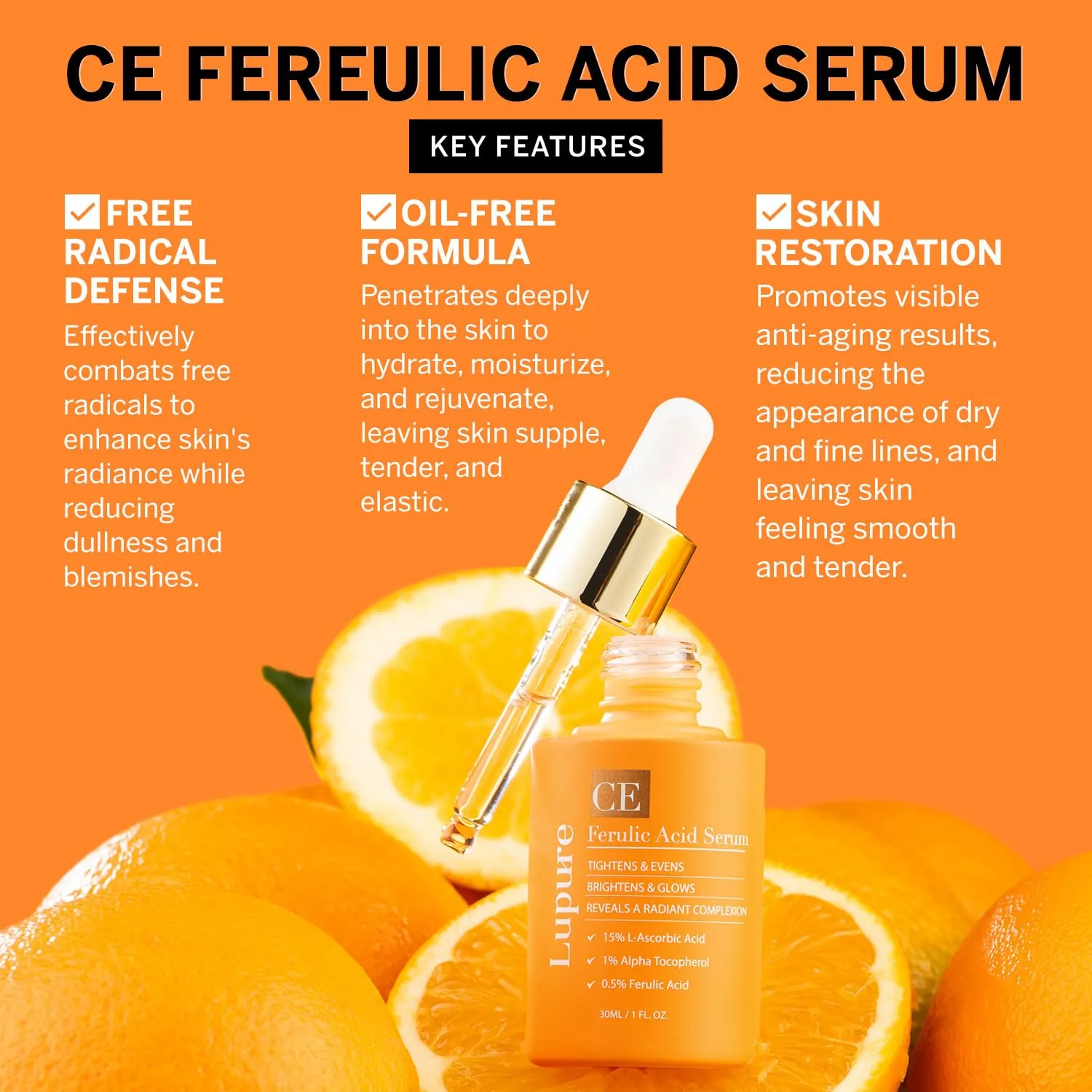 Vitamin C Face Serum: Anti Aging Facial Super Vit C Serum with Ferulic Acid Pure L-Ascorbic Acid, Vitamin E and Hyaluronic Acid for Dark Spots - 1 Fl Oz