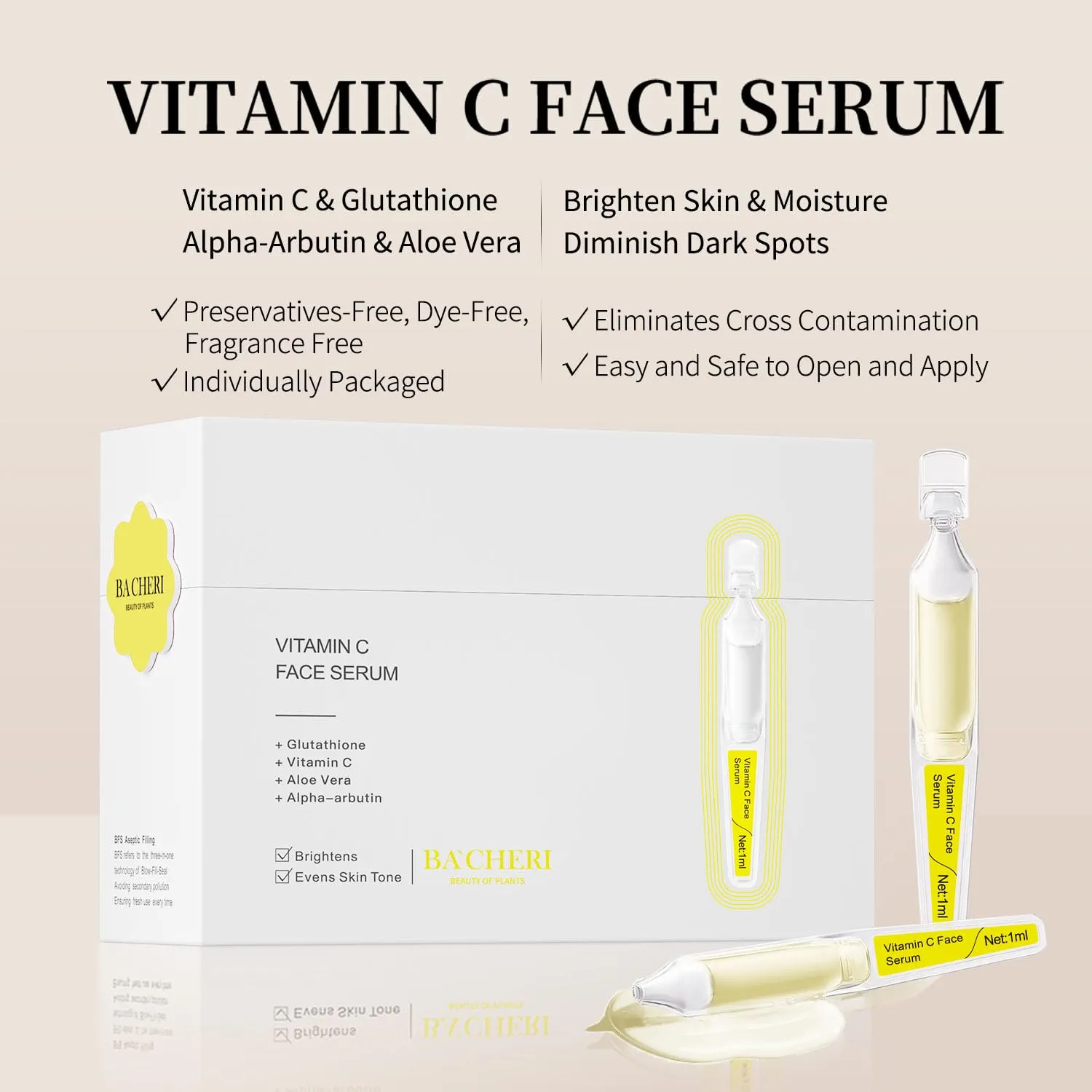 Vitamin C Face Serum with Glutathione, 4D Hyaluronic Acid, Organic Aloe Vera, Travel Size Ampoule, Brightening and Hydrating Serum, Dark Spot Remover, 30 Ampoules (1ml each)