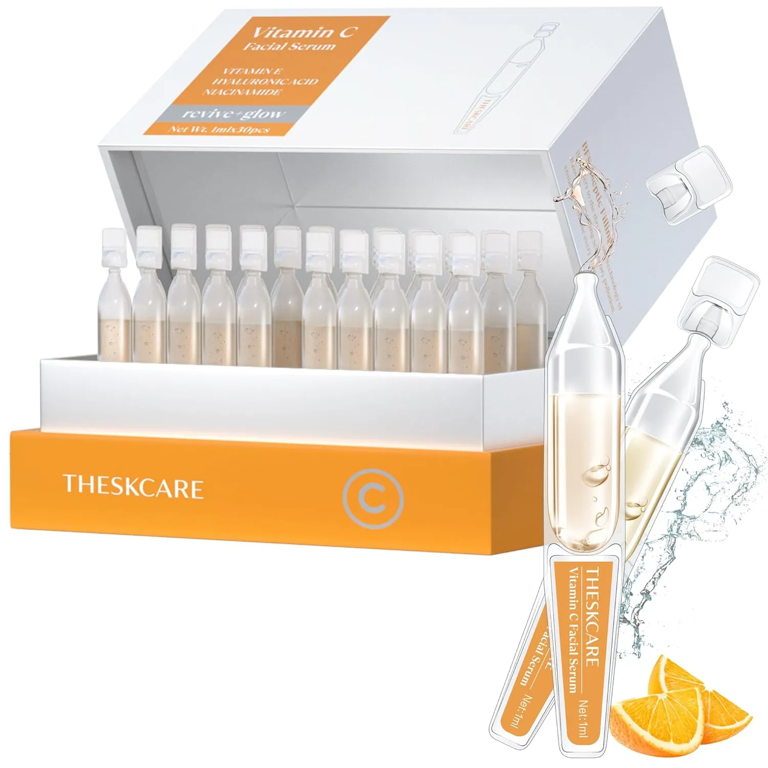 Vitamin C Face Serum with Hyaluronic Acid,Glutathione,Vitamin E & Niacinamide, Anti Aging Facial Serum for Wrinkles & Dark Spots,Hydrating & Glowing,30 Ampoules