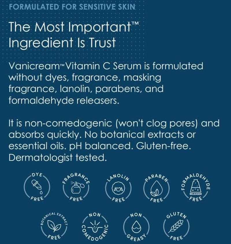 Vitamin C Serum - Free of Dyes, Fragrance, Masking Fragrance, Lanolin, Parabens & Formaldehyde Releasers - for Sensitive Skin - 1.2 Fl Oz