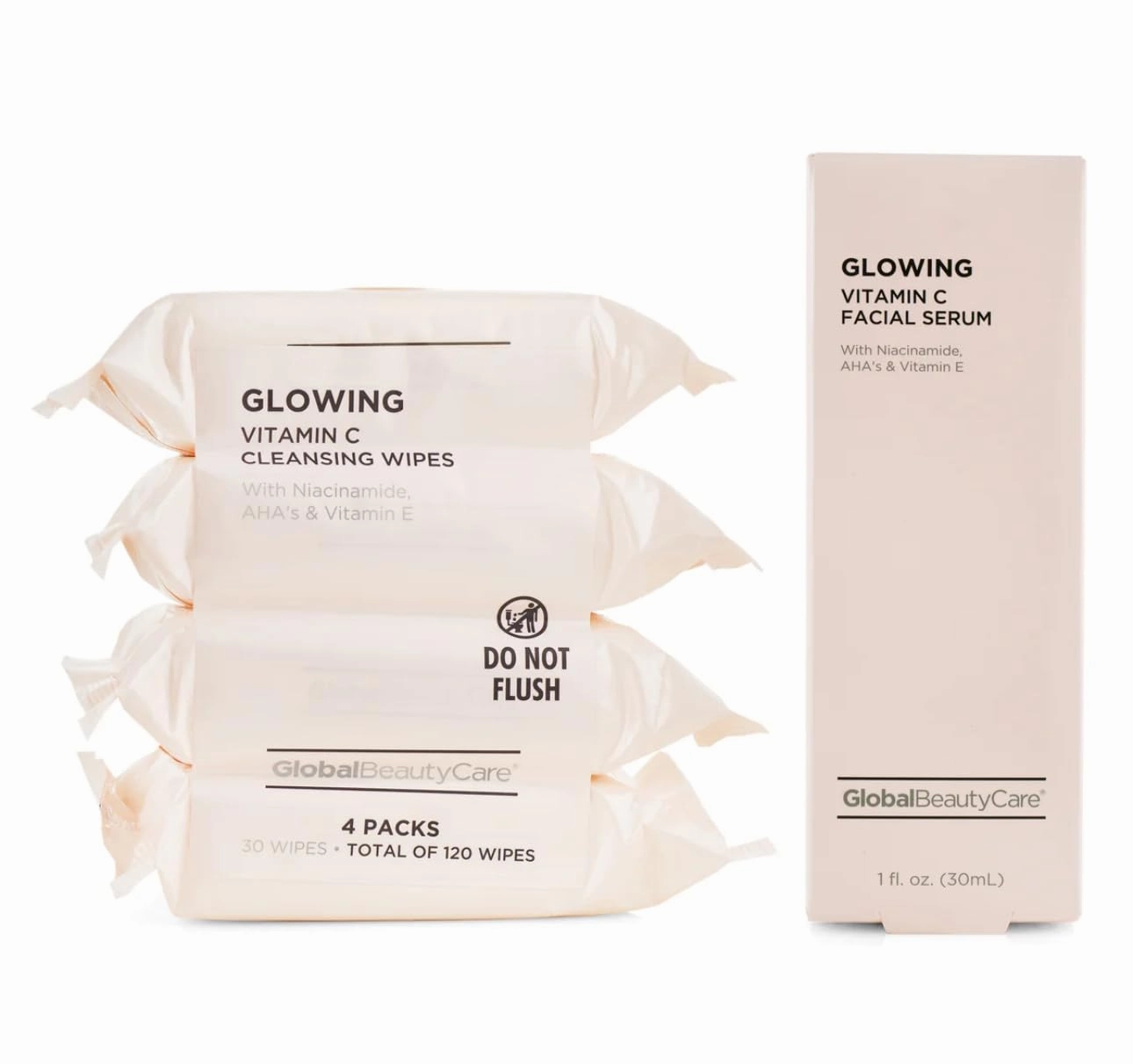Vitamin C Serum and Cleansing Wipes Set, Glowing Skin Care Bundle