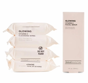 Vitamin C Serum and Cleansing Wipes Set, Glowing Skin Care Bundle