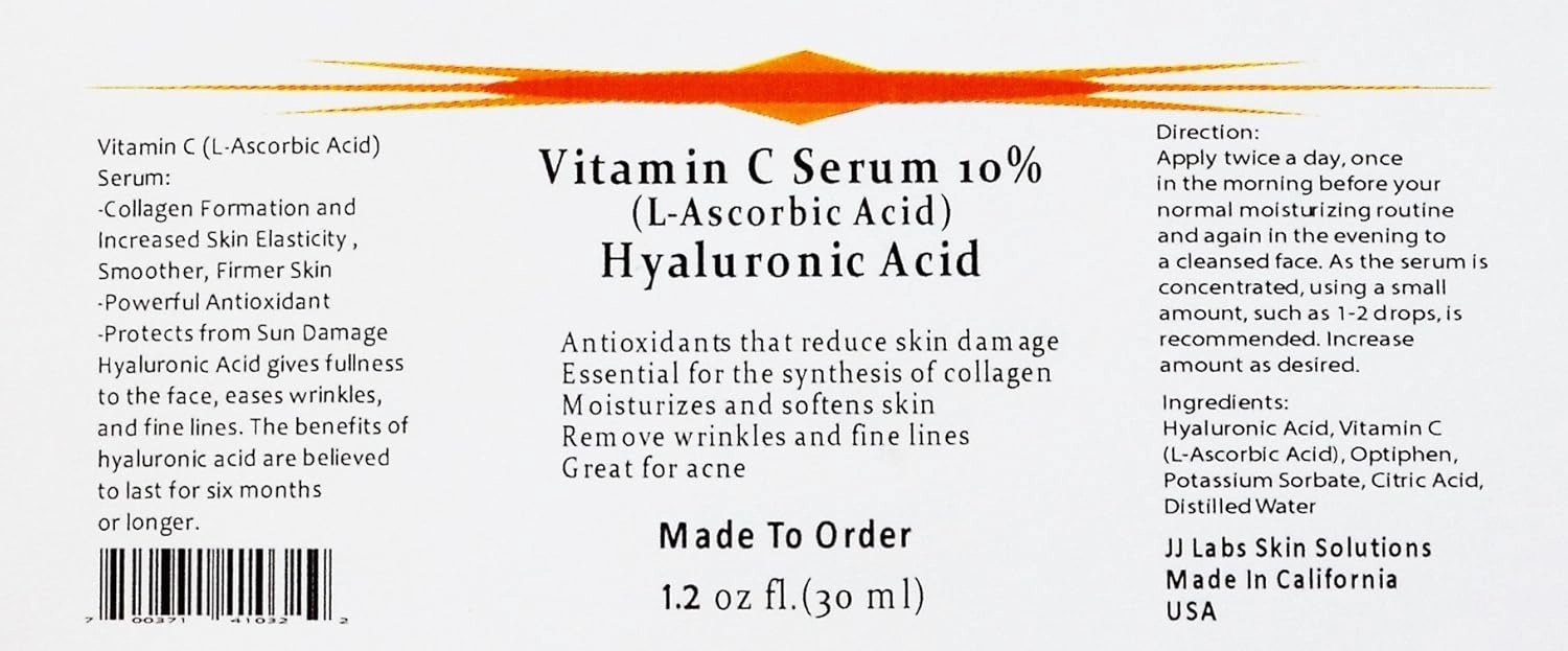 Vitamin C Skin Serum 10% (L-ascorbic Acid) with Pure Hyaluronic Acid Anti Aging Serum (1.2 oz)