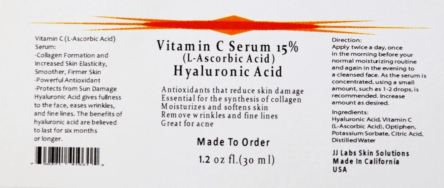 Vitamin C Skin Serum 15% (L-ascorbic Acid) with Pure Hyaluronic Acid Anti Aging Serum 1.2 oz
