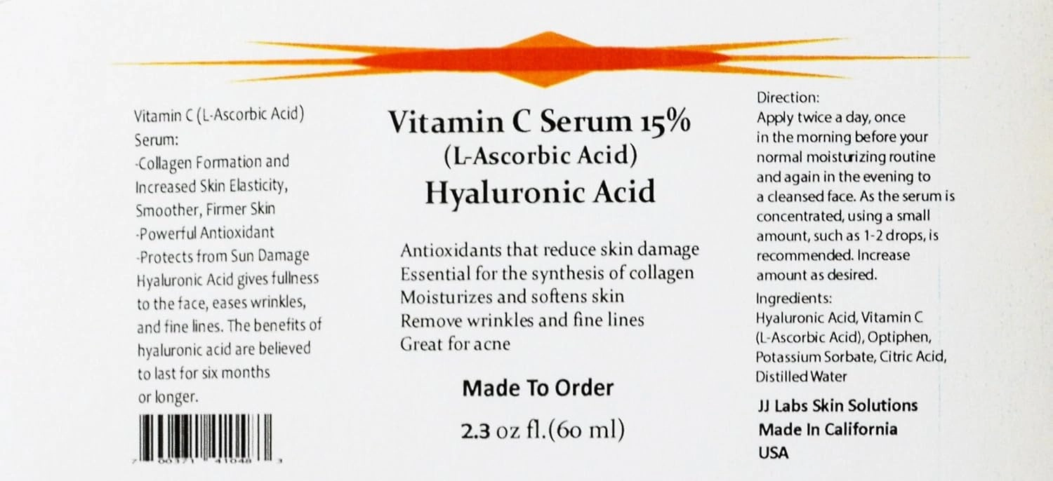 Vitamin C Skin Serum 15% (L-ascorbic Acid) with Pure Hyaluronic Acid Anti Aging Serum 2.3 Oz
