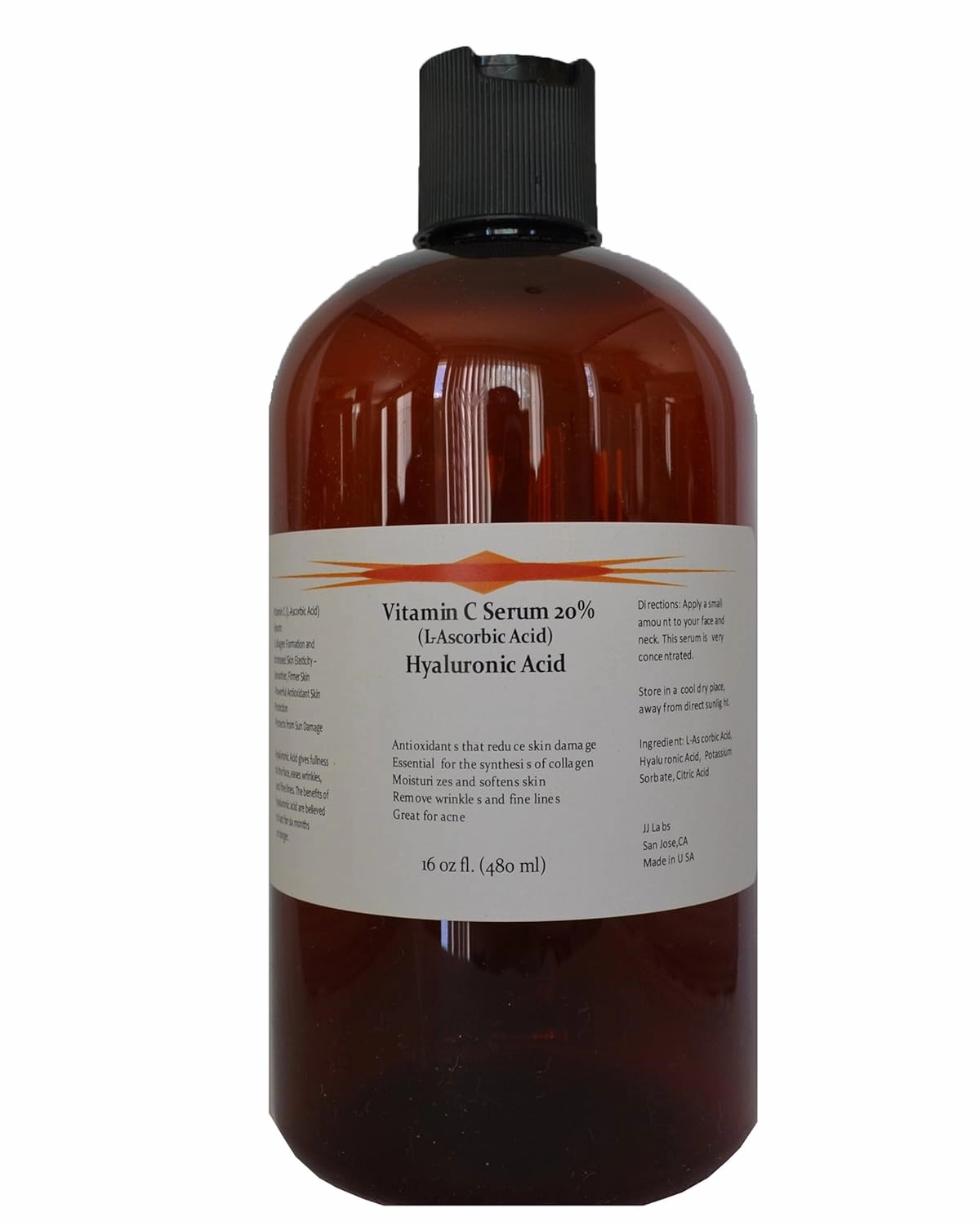 Vitamin C Skin Serum 20% (L-Ascorbic Acid) with Pure Hyaluronic Acid Anti Aging Serum (16oz)