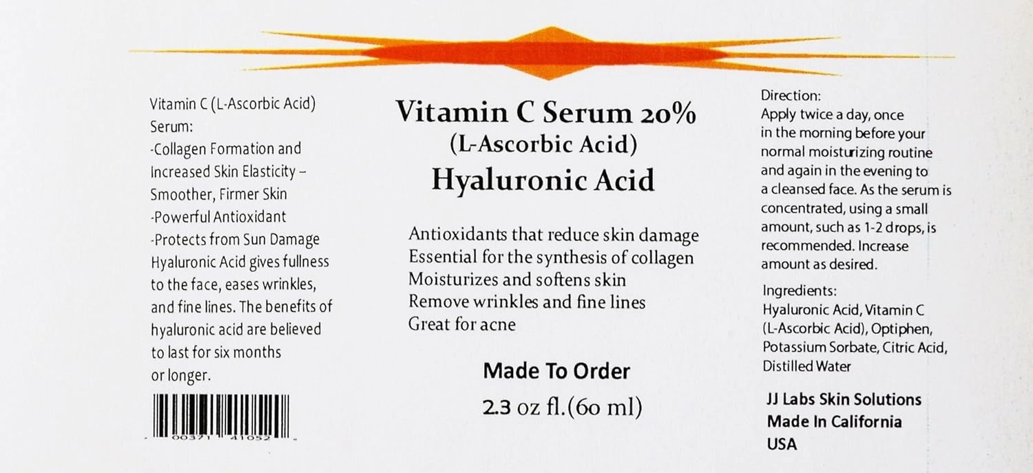 Vitamin C Skin Serum 20% (L-Ascorbic Acid) with Pure Hyaluronic Acid Anti Aging Serum (2oz)