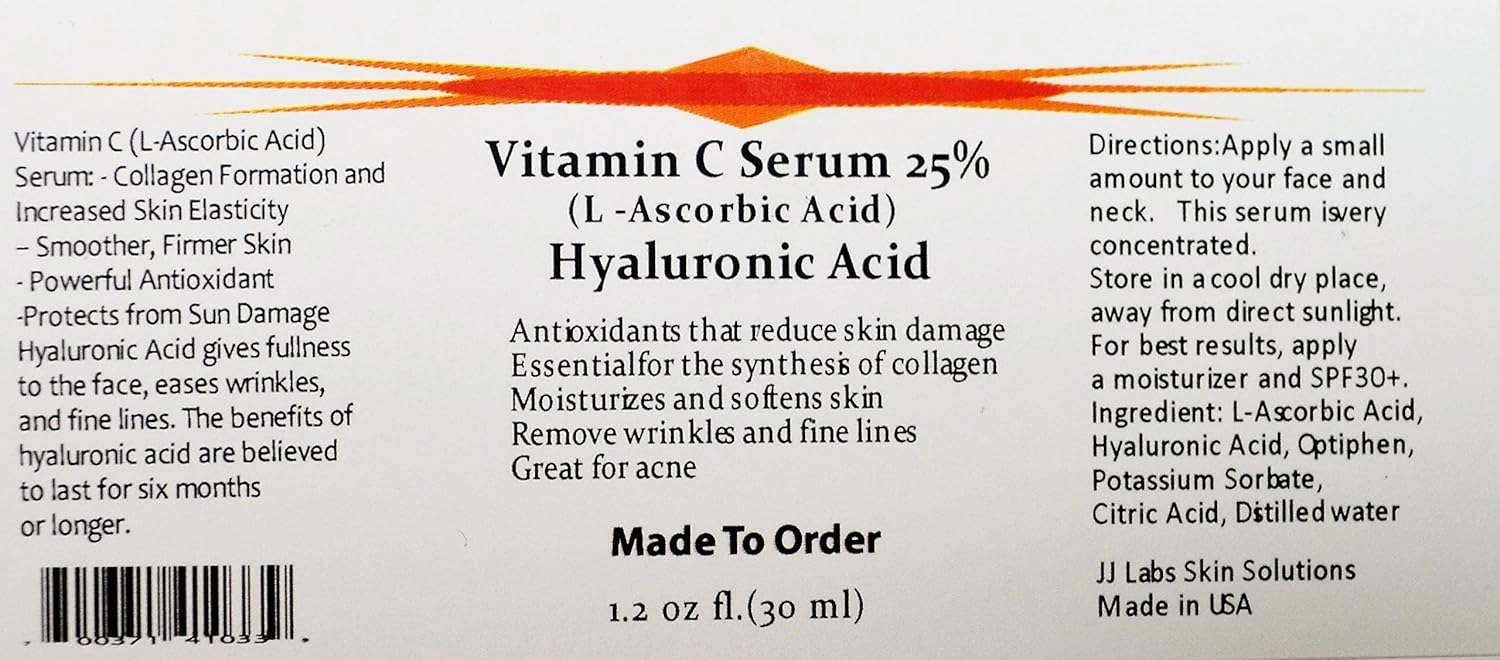 Vitamin C Skin Serum 25% (L-ascorbic Acid) with Pure Hyaluronic Acid Anti Aging Serum (1.2oz)